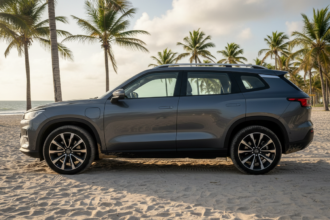 BYD Tai S Ti7, SUV com design quadradão, em uma paisagem de praia brasileira ao entardecer