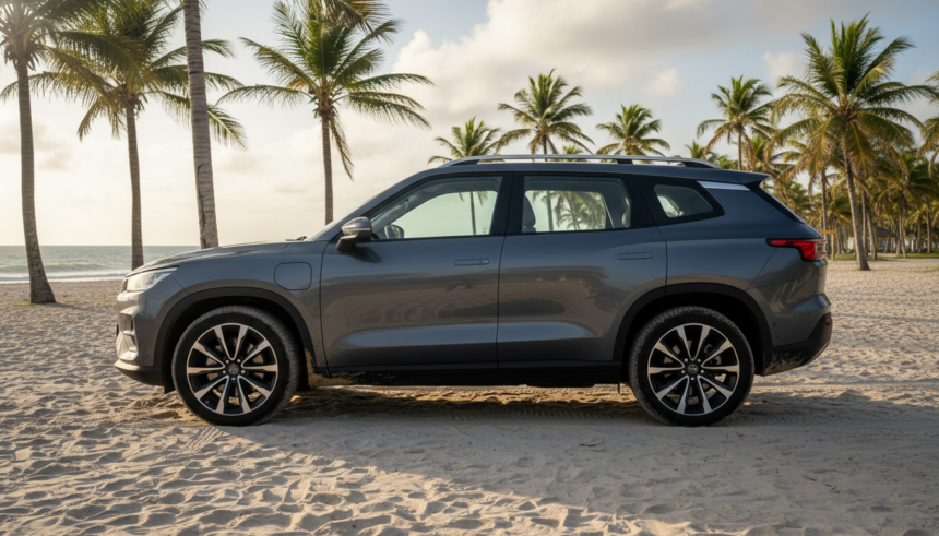 BYD Tai S Ti7, SUV com design quadradão, em uma paisagem de praia brasileira ao entardecer
