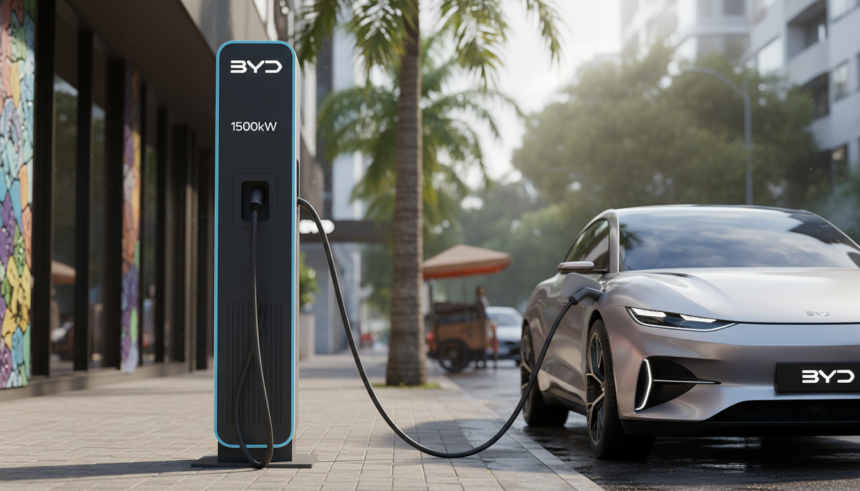 Carregador de carro elétrico BYD de 1.500 kW em operação no Brasil