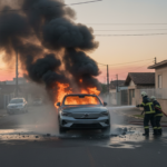 Carro elétrico Volvo C40 em chamas em rua de Curitiba, com bombeiros combatendo o incêndio.