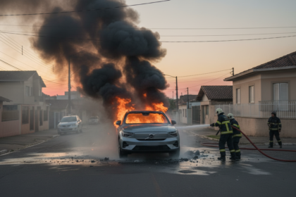 Carro el&eacute;trico Volvo C40 em chamas em rua de Curitiba, com bombeiros combatendo o inc&ecirc;ndio.
