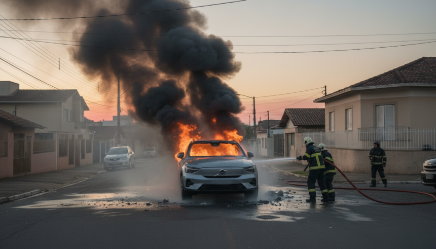 Carro elétrico Volvo C40 em chamas em rua de Curitiba, com bombeiros combatendo o incêndio.
