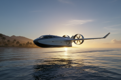 Ve&iacute;culo mar&iacute;timo de efeito solo chin&ecirc;s voando sobre a &aacute;gua em alta velocidade com tecnologia 6G e qu&acirc;ntica