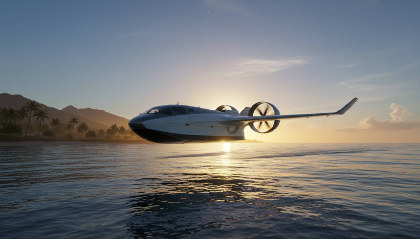 Veículo marítimo de efeito solo chinês voando sobre a água em alta velocidade com tecnologia 6G e quântica