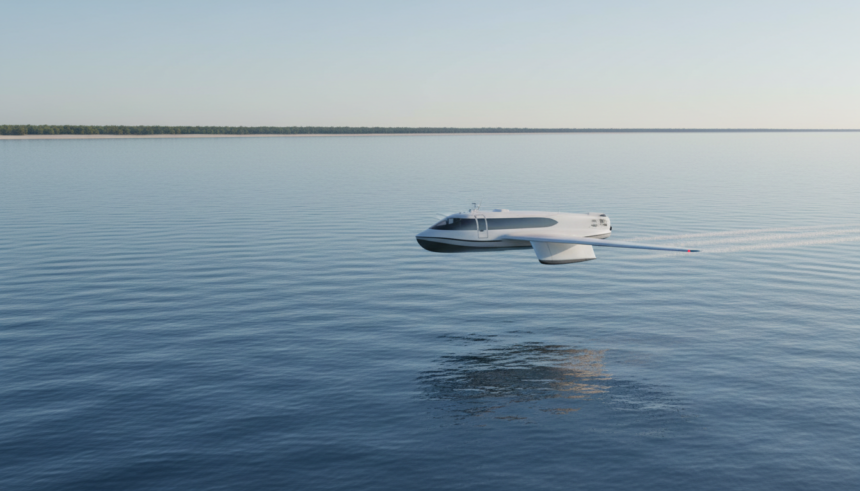 Veículo marítimo de efeito solo chinês voando a baixa altitude sobre o oceano, equipado com tecnologias avançadas para resgate médico.