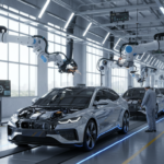 Linha de produção de veículos elétricos na China com robôs