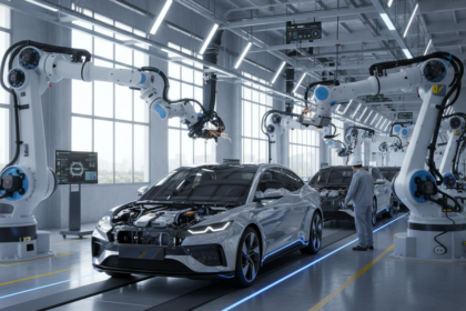 Linha de produ&ccedil;&atilde;o de ve&iacute;culos el&eacute;tricos na China com rob&ocirc;s