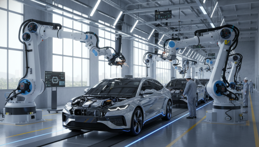 Linha de produção de veículos elétricos na China com robôs