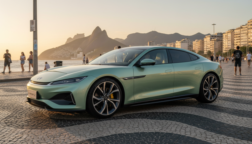 Supercarro elétrico BYD Denza Z verde-claro em cenário urbano brasileiro