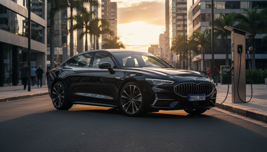 Denza Z9 GT, carro elétrico chinês de alta autonomia, em cenário urbano brasileiro.