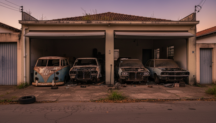 Casa abandonada em Uberlândia com três carros em processo de desmanche na garagem