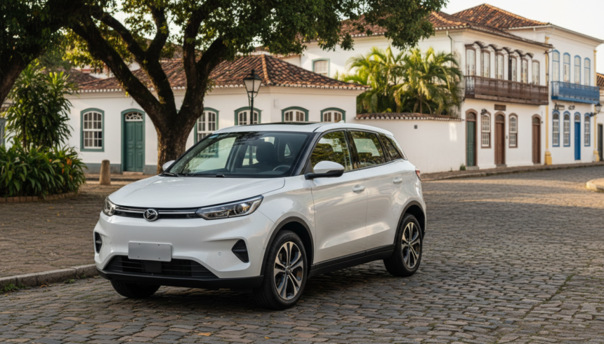Dongfeng Box branco em rua histórica brasileira.