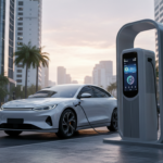 Veículo elétrico Dongfeng com tecnologia de bateria de estado sólido em posto de carregamento.