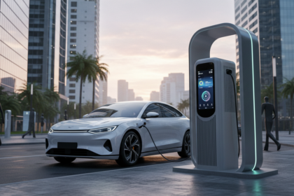 Ve&iacute;culo el&eacute;trico Dongfeng com tecnologia de bateria de estado s&oacute;lido em posto de carregamento.