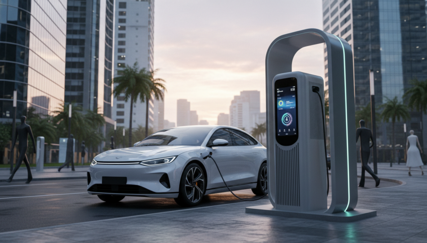 Veículo elétrico Dongfeng com tecnologia de bateria de estado sólido em posto de carregamento.