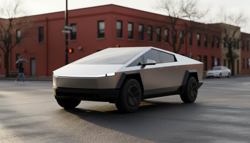 Tesla Cybertruck estacionada em ambiente urbano nos EUA.