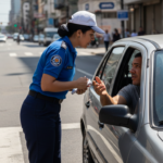 Agente de trânsito abordando motorista em uma blitz de trânsito no Brasil