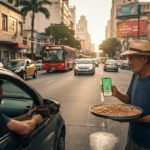 Motorista usando smartphone para pagar com Pix em rua de São Paulo, Brasil.