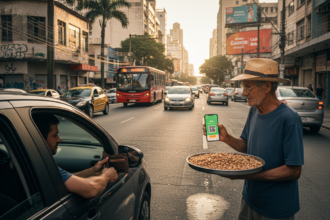 Motorista usando smartphone para pagar com Pix em rua de São Paulo, Brasil.