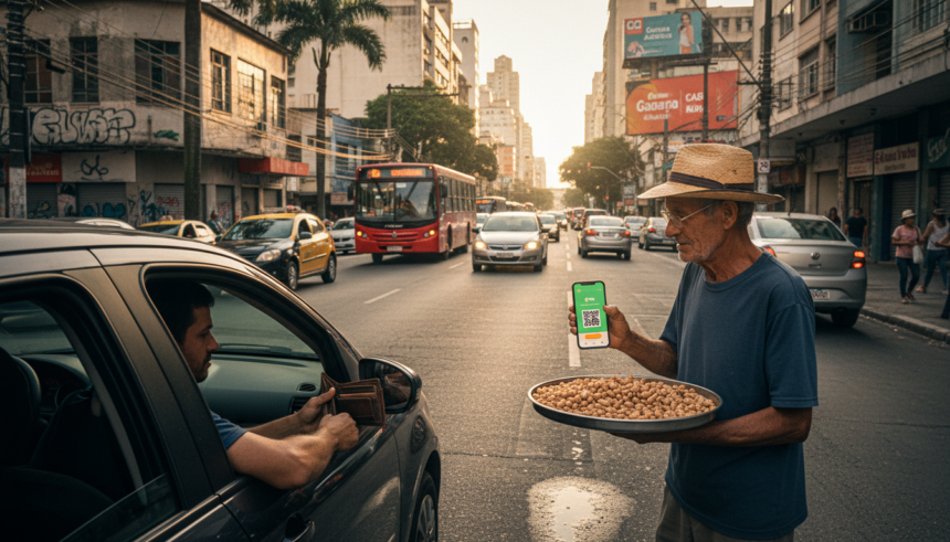 Motorista usando smartphone para pagar com Pix em rua de São Paulo, Brasil.