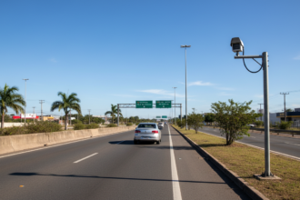 Radar de velocidade em uma rodovia brasileira, com um carro passando.