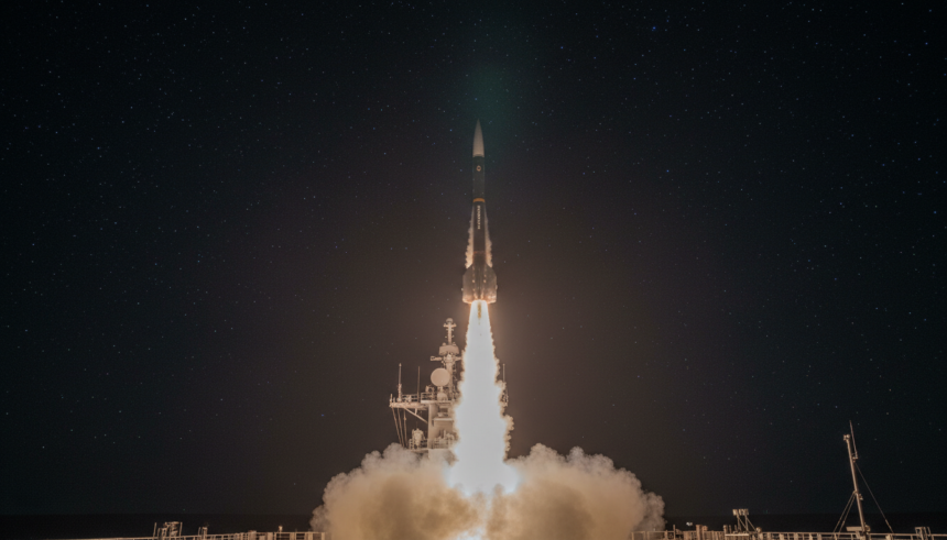 Míssil hipersônico Dark Eagle dos EUA em teste de lançamento com rastros de plasma.