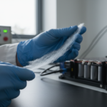 Folha isolante de aerogel sendo inspecionada em laboratório, com componentes de bateria de carro elétrico ao fundo.