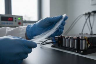 Folha isolante de aerogel sendo inspecionada em laboratório, com componentes de bateria de carro elétrico ao fundo.
