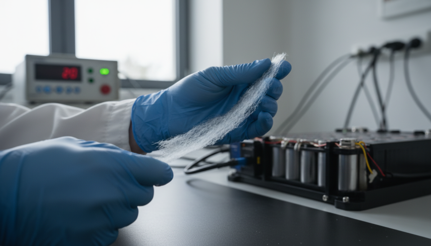 Folha isolante de aerogel sendo inspecionada em laboratório, com componentes de bateria de carro elétrico ao fundo.