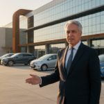 CEO da Ford em frente a linha de produção de veículos elétricos, com modelos chineses ao fundo.