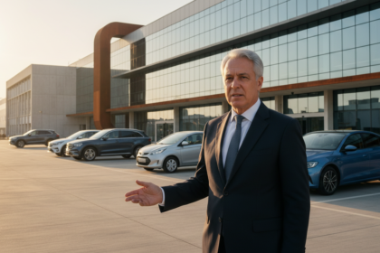 CEO da Ford em frente a linha de produ&ccedil;&atilde;o de ve&iacute;culos el&eacute;tricos, com modelos chineses ao fundo.