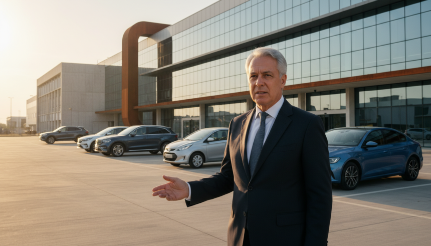 CEO da Ford em frente a linha de produção de veículos elétricos, com modelos chineses ao fundo.