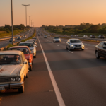 Rodovia brasileira com mistura de veículos novos e antigos, sugerindo a idade da frota.