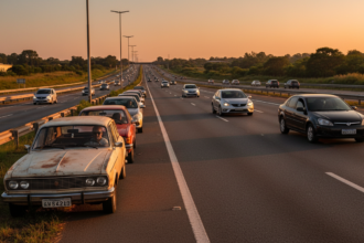 Rodovia brasileira com mistura de veículos novos e antigos, sugerindo a idade da frota.