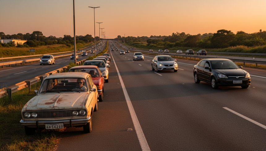 Rodovia brasileira com mistura de veículos novos e antigos, sugerindo a idade da frota.