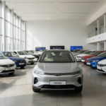 Variedade de carros elétricos e híbridos expostos em uma concessionária moderna no Brasil em 2026.