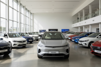 Variedade de carros elétricos e híbridos expostos em uma concessionária moderna no Brasil em 2026.