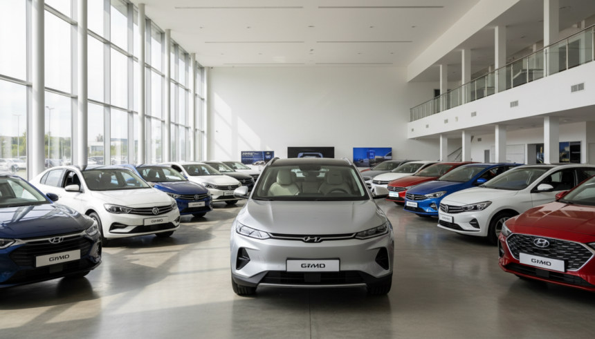 Variedade de carros elétricos e híbridos expostos em uma concessionária moderna no Brasil em 2026.