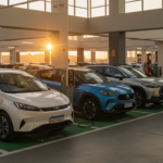 Diversos carros elétricos e híbridos estacionados em vagas de carregamento no Brasil, refletindo o crescimento da frota.