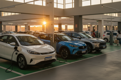 Diversos carros el&eacute;tricos e h&iacute;bridos estacionados em vagas de carregamento no Brasil, refletindo o crescimento da frota.
