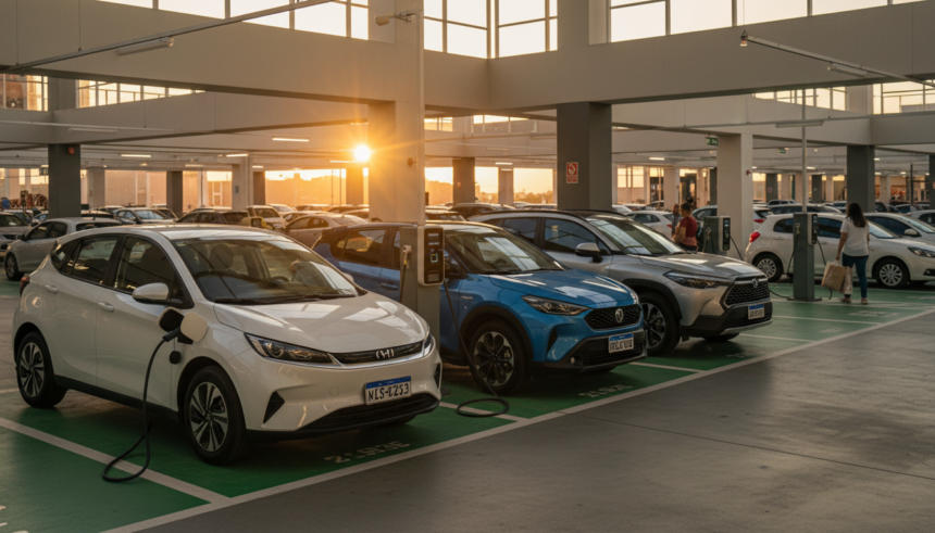Diversos carros elétricos e híbridos estacionados em vagas de carregamento no Brasil, refletindo o crescimento da frota.