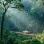 Vista panorâmica de uma densa floresta tropical brasileira com raios de sol filtrando pelas árvores, uma caminhonete ao longe.