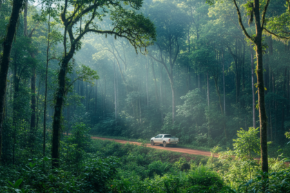 Vista panor&acirc;mica de uma densa floresta tropical brasileira com raios de sol filtrando pelas &aacute;rvores, uma caminhonete ao longe.