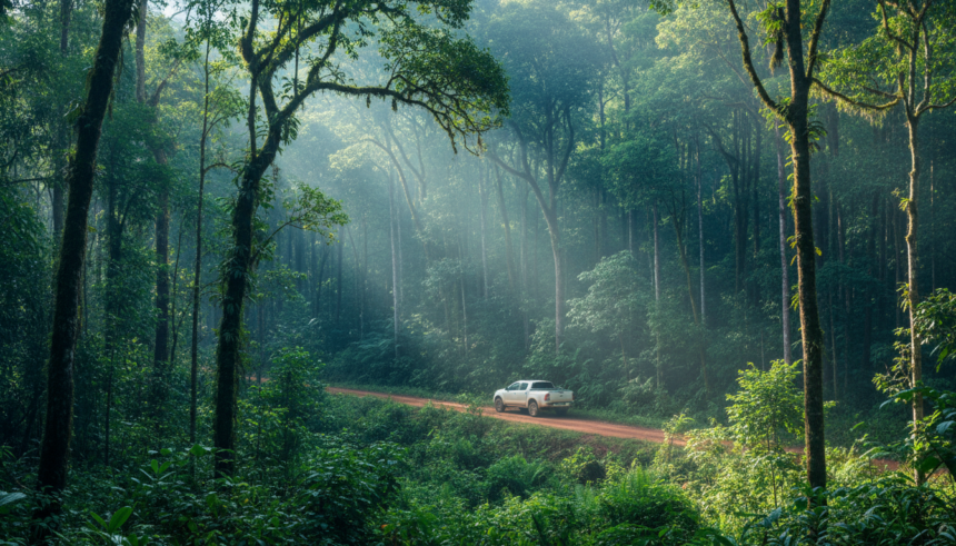 Vista panorâmica de uma densa floresta tropical brasileira com raios de sol filtrando pelas árvores, uma caminhonete ao longe.