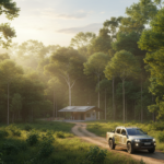 Floresta tropical brasileira com centro de monitoramento e veículo ecológico, simbolizando a iniciativa de financiamento para preservação.
