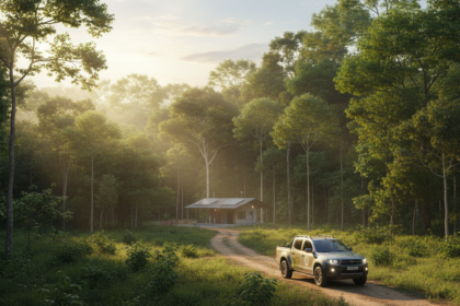 Floresta tropical brasileira com centro de monitoramento e ve&iacute;culo ecol&oacute;gico, simbolizando a iniciativa de financiamento para preserva&ccedil;&atilde;o.