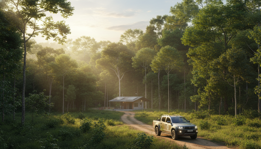 Floresta tropical brasileira com centro de monitoramento e veículo ecológico, simbolizando a iniciativa de financiamento para preservação.