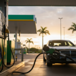 Carro premium importado sendo abastecido em posto de gasolina no Brasil com foco na bomba de combustível