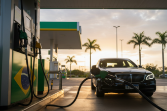 Carro premium importado sendo abastecido em posto de gasolina no Brasil com foco na bomba de combustível