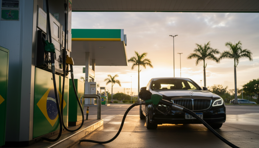 Carro premium importado sendo abastecido em posto de gasolina no Brasil com foco na bomba de combustível